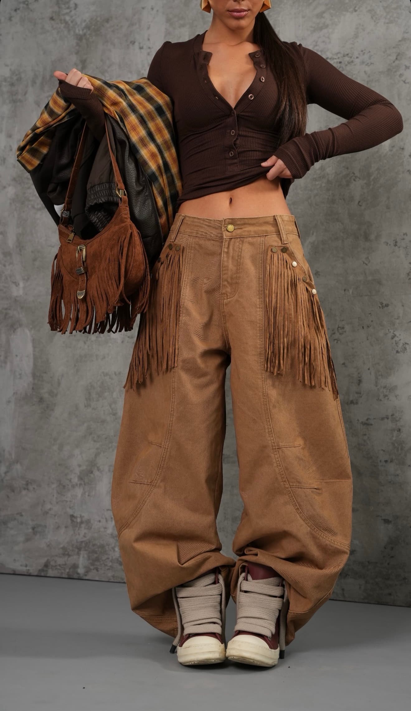 Calças Franjas Camel